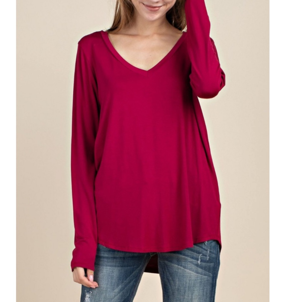 Lipstick long sleeve Red Bamboo vneck top